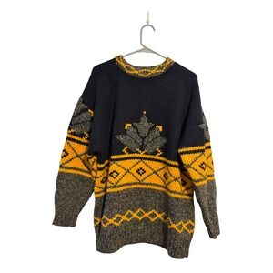 Susann D Vintage Women Large Black Yellow Grey Geometric Wool Blend Knit Sweater
